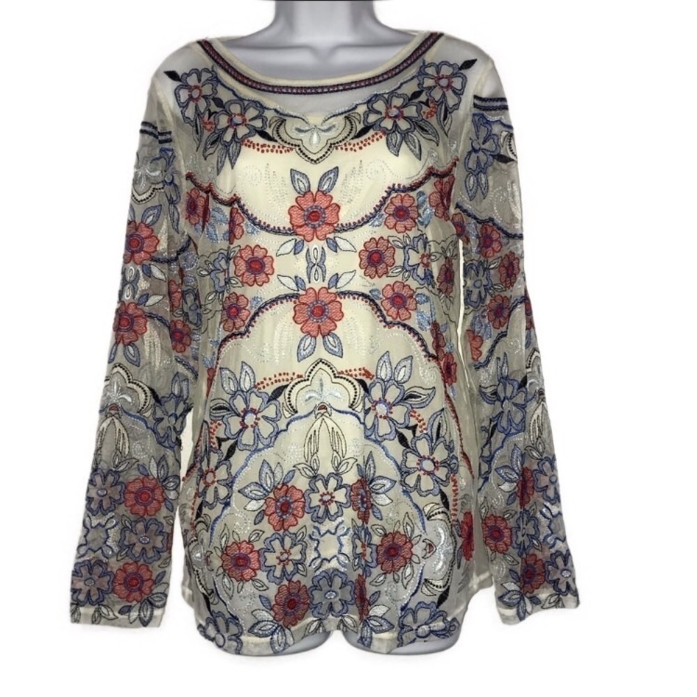 - Inc Long Sleeve Mesh Embroidered Beaded Top M